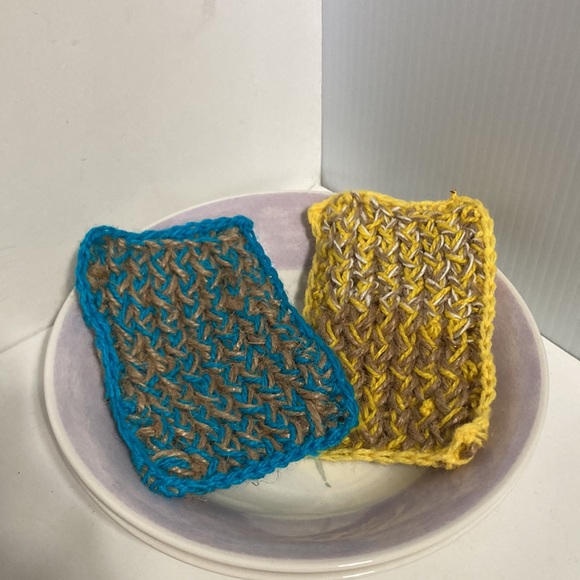 Handmade Knitted Scrubby Scrubbie Dish Sponges Yellow Turquoise Teal Beige Tan - Picture 2 of 4